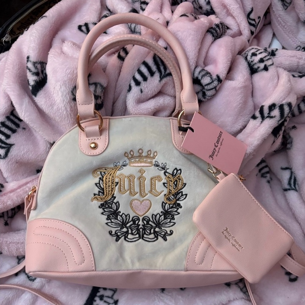 Rare NWT Juicy Couture Pink and White Heritage Handbag Satchel Bowler Bag